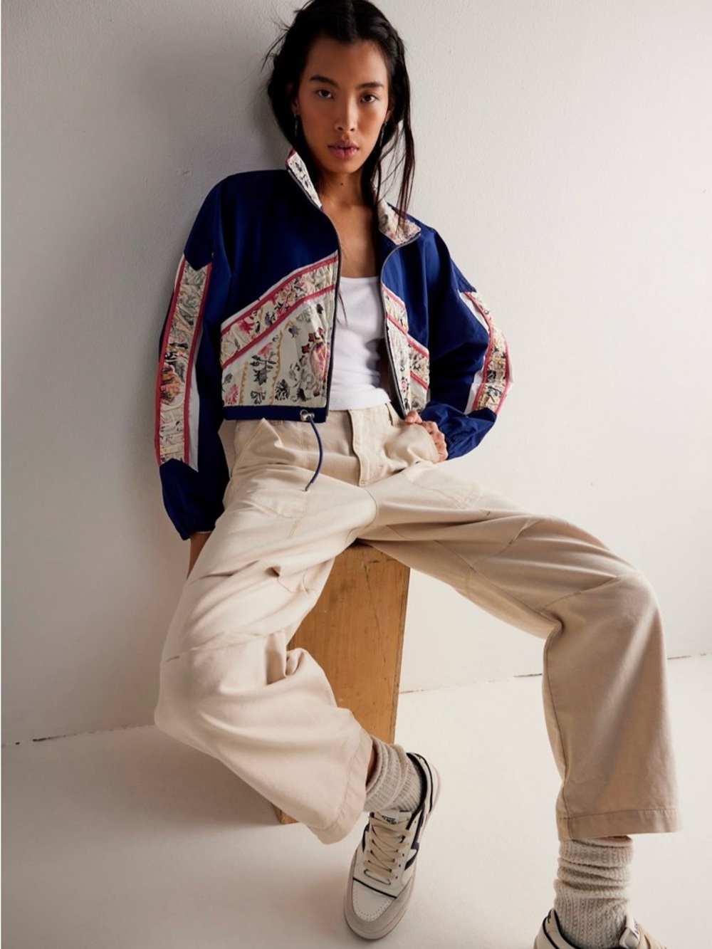 We The Free Navy Floral-Panel Cropped Bomber Jacket - Picture 2 of 12